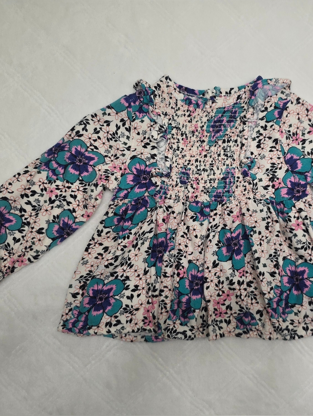 Jessica Simpson Pink Floral Smocked Long-Sleeve Top with Teal Accents